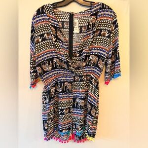 NWT Boho V-Neck Cold Shoulder Elephant Print Pom Pom Romper -